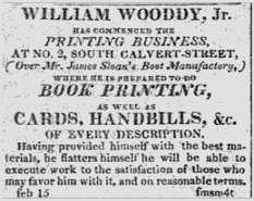 1822 William Wooddy Jr Advertisement in Baltimore News